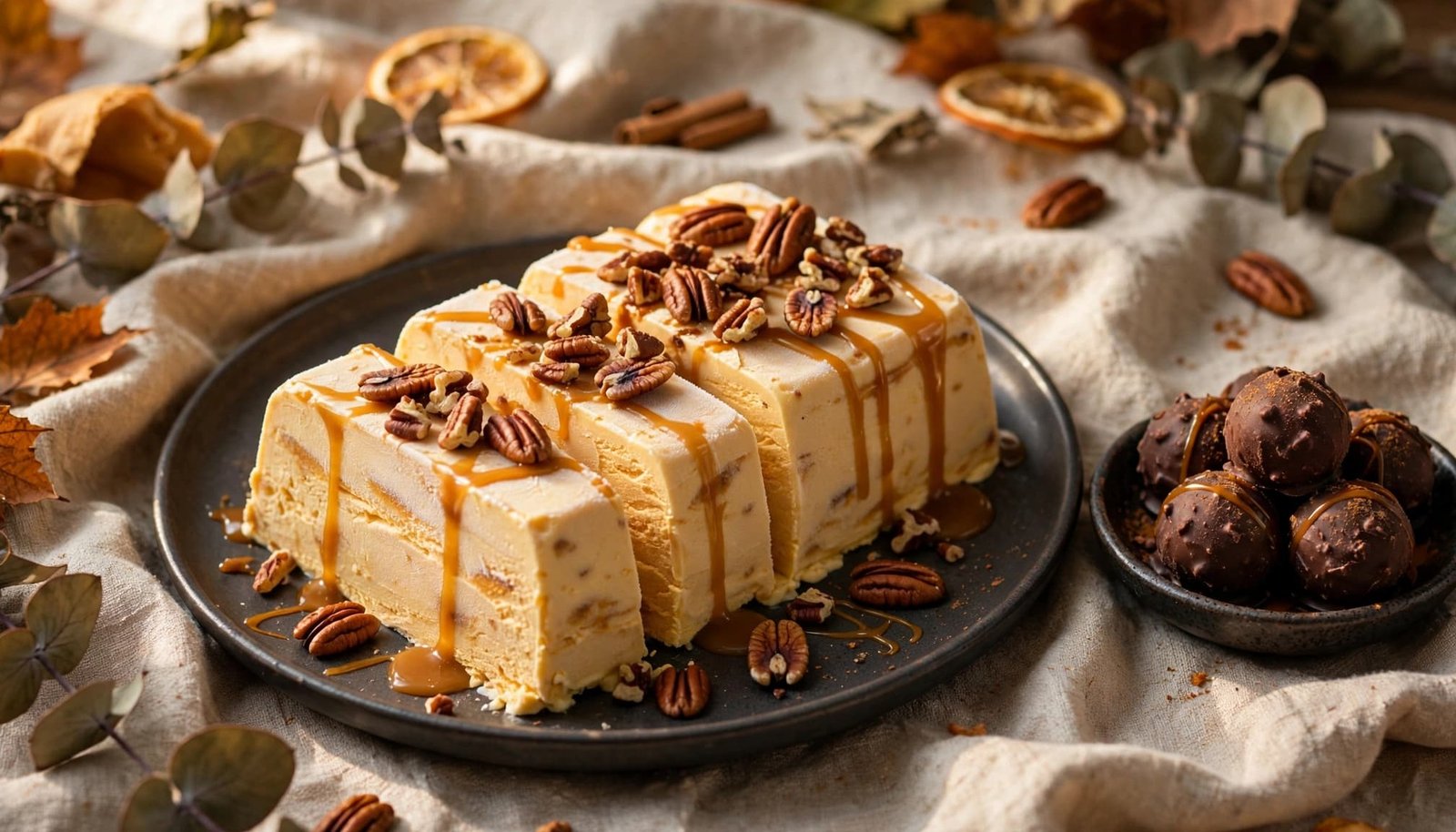 Sliced pumpkin semifreddo with caramel, pecans, and chocolate truffles on an autumn dessert table.