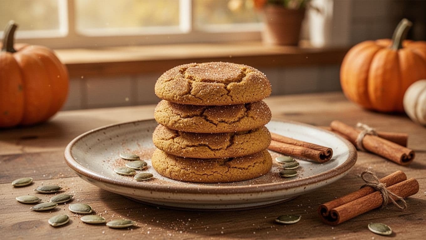 Stacked pumpkin cookies on a ceramic plate with cinnamon sticks and pumpkin seeds.