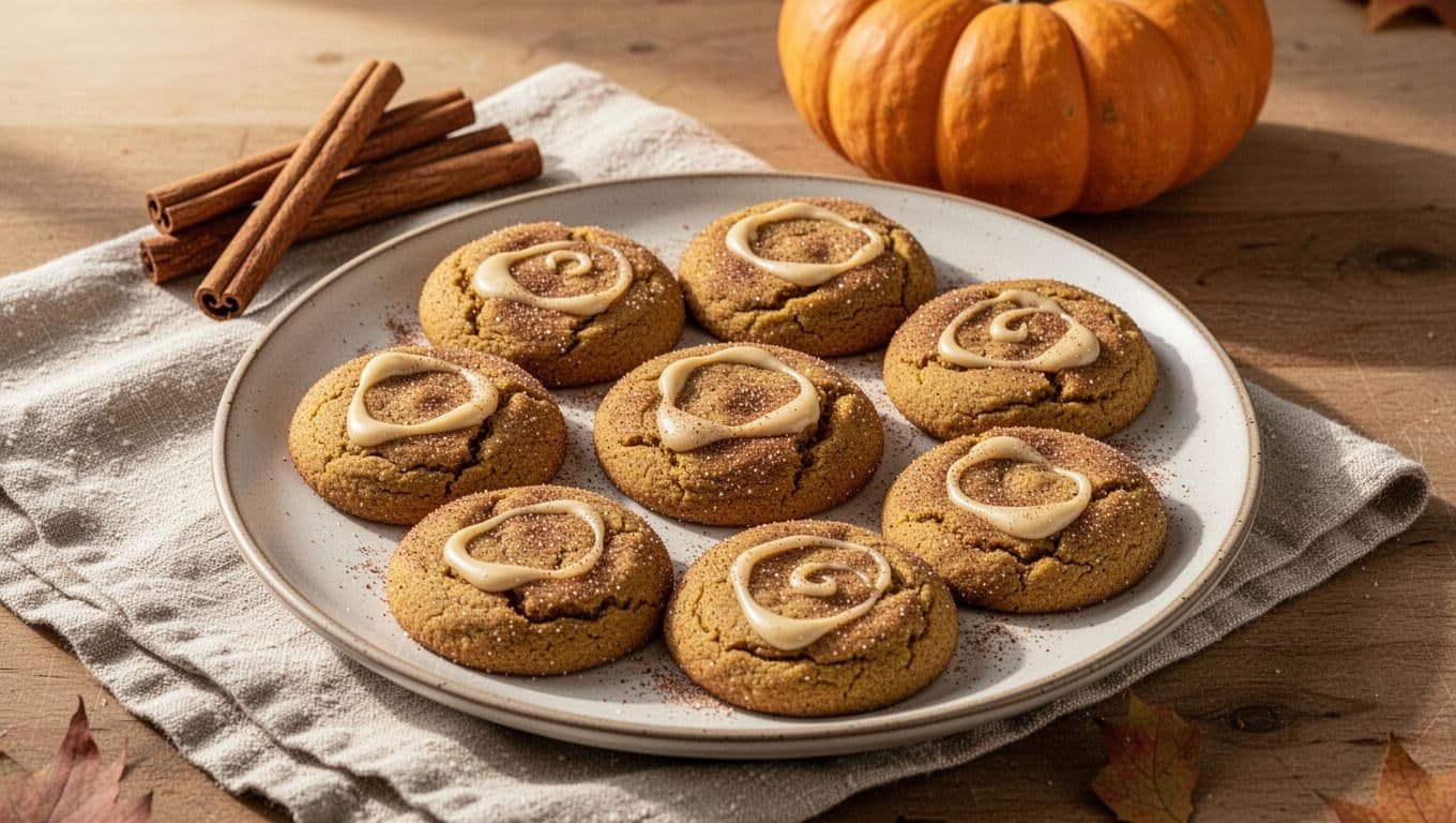 Eight iced pumpkin cookies on a plate with cinnamon sticks and a small pumpkin nearby.