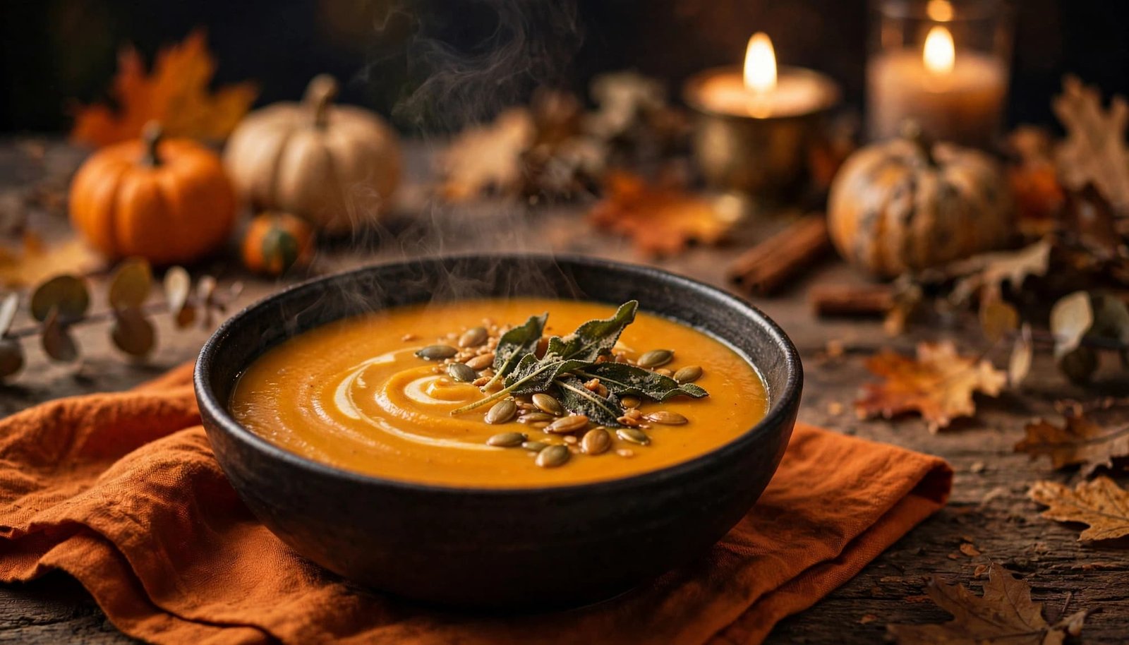 A bowl of pumpkin soup with cream, seeds, and sage on a candlelit table.