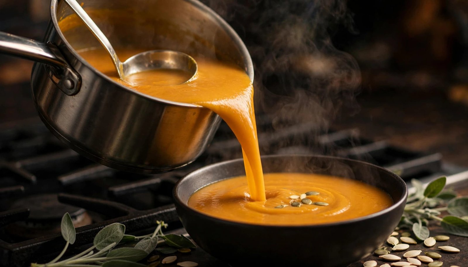 Silky pumpkin soup pours into a dark bowl beside sage and pumpkin seeds.