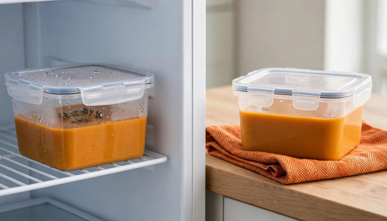 Two containers of pumpkin soup arranged for refrigerator and freezer storage.