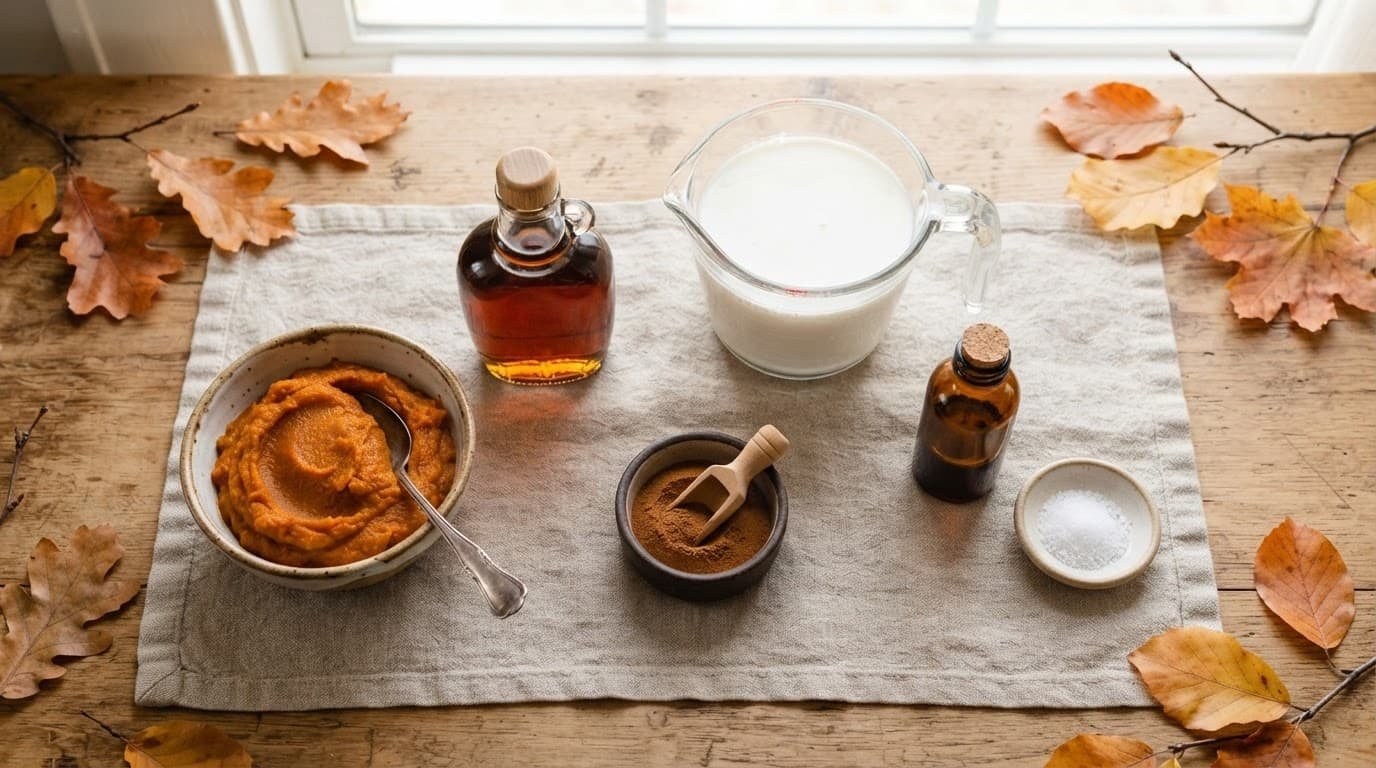 Pumpkin puree, milk, maple syrup, spices, vanilla, and salt arranged on a kitchen counter.