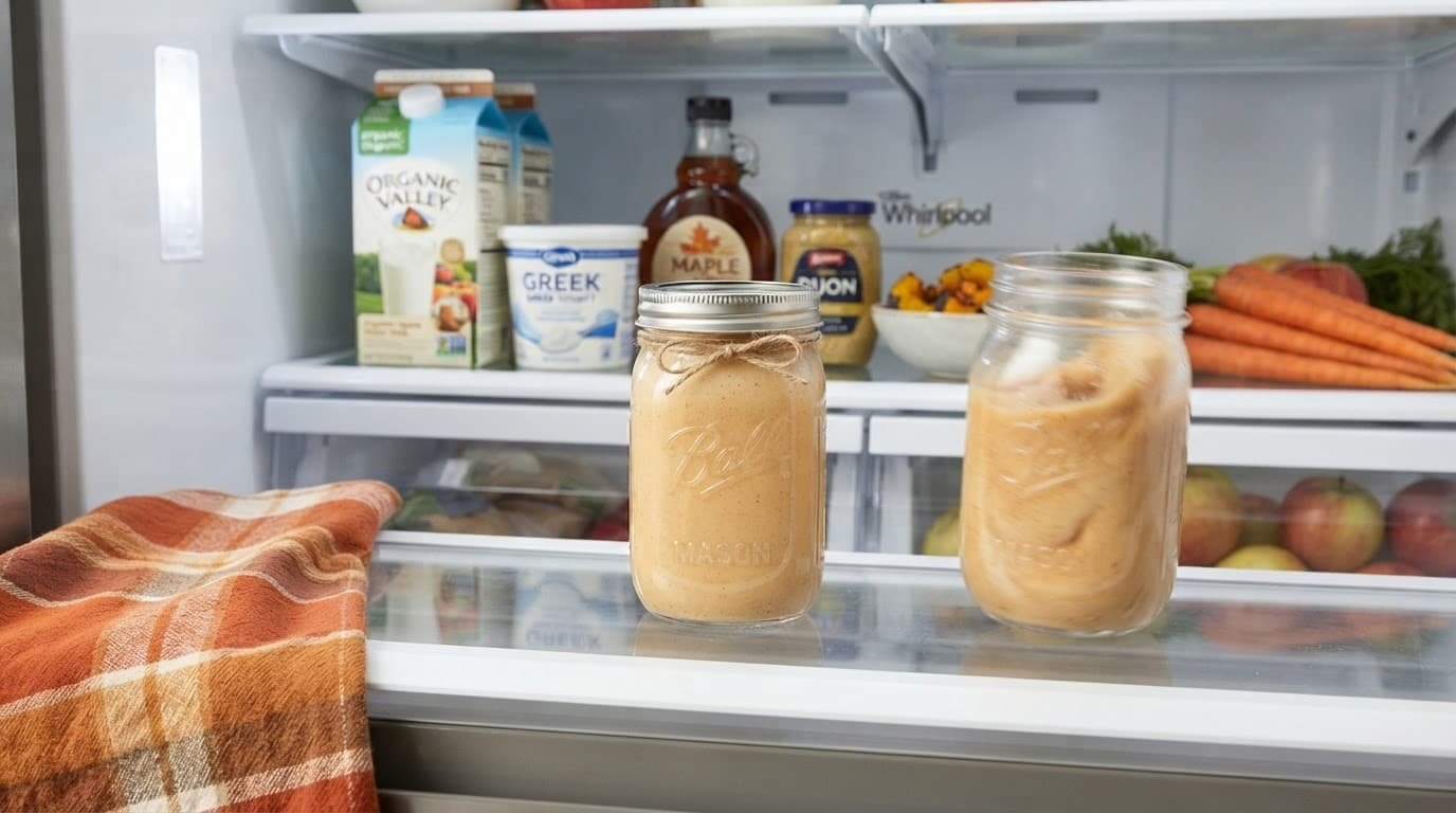 Two glass jars of homemade pumpkin spice creamer sit on a refrigerator shelf.