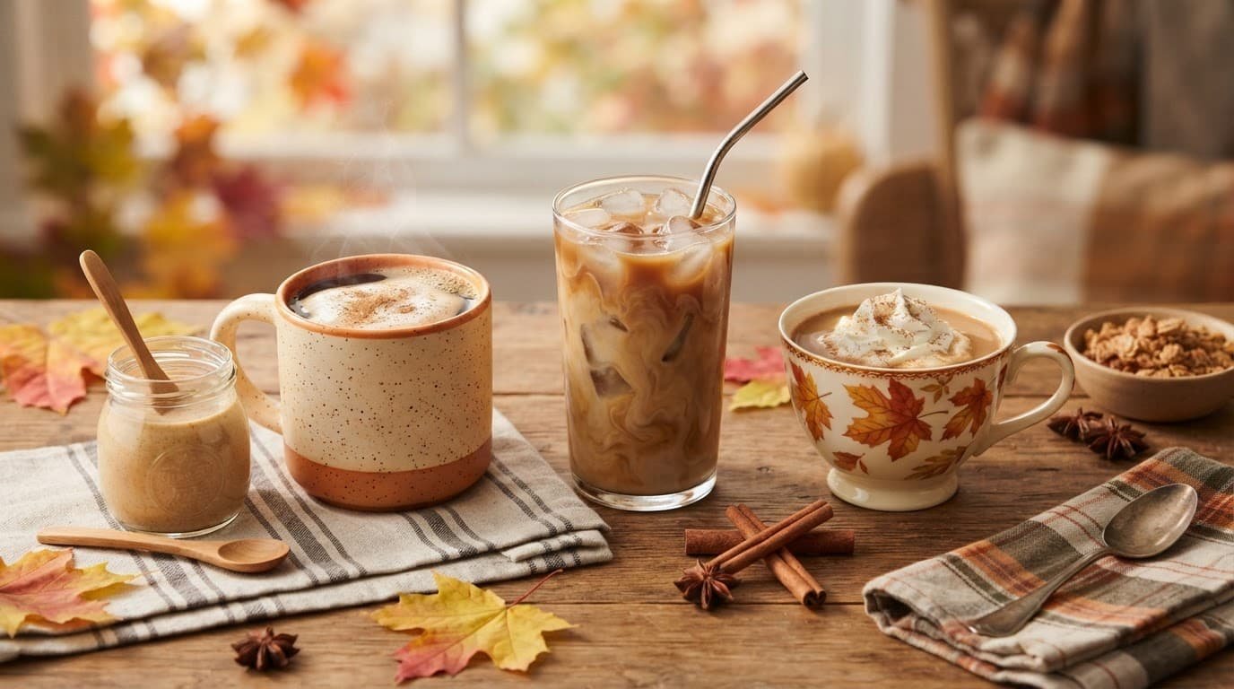 Hot coffee, iced coffee, and chai tea with a small jar of pumpkin spice creamer.