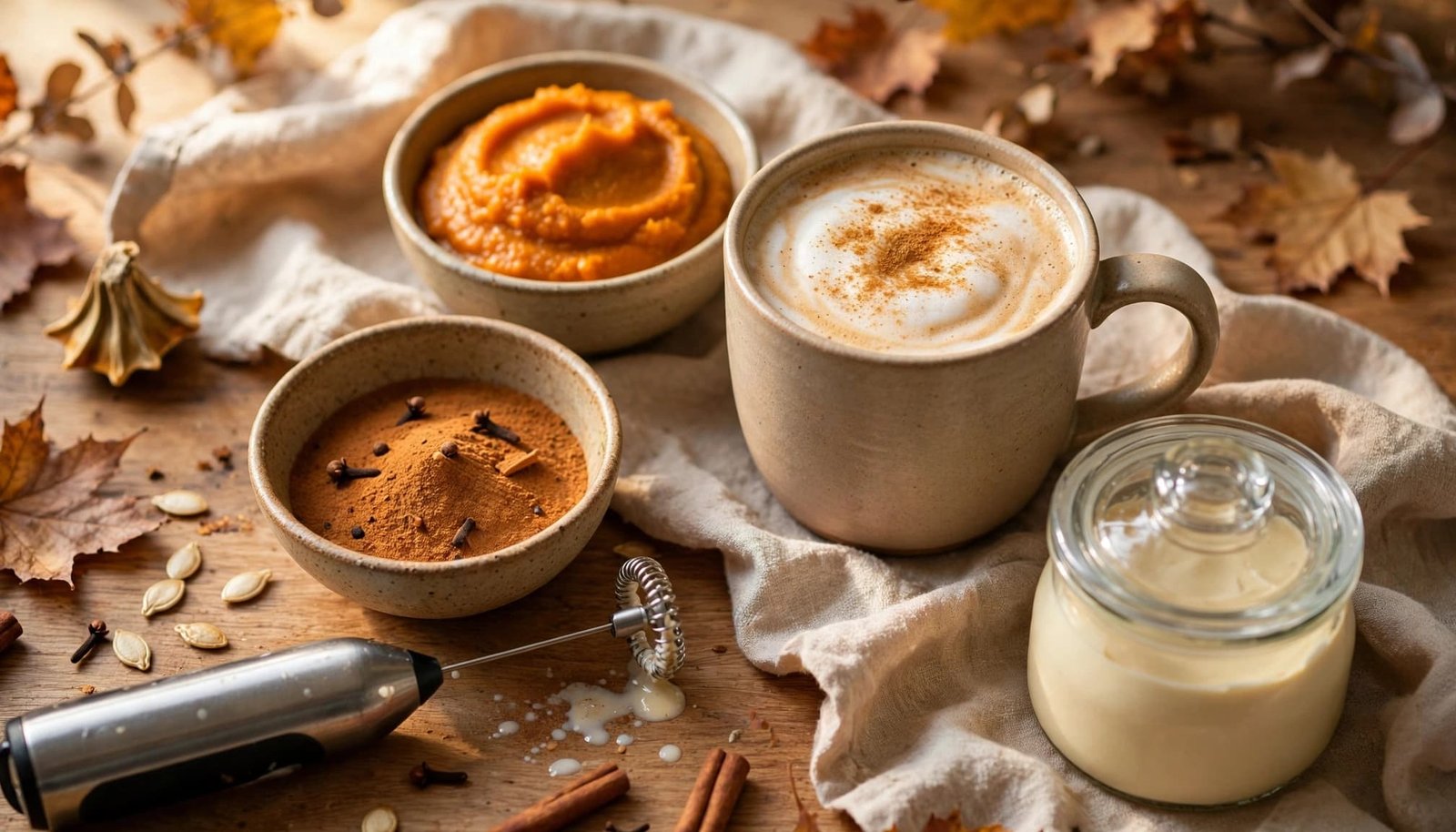 A pumpkin spice drink with ingredients and a milk frother on a kitchen counter.