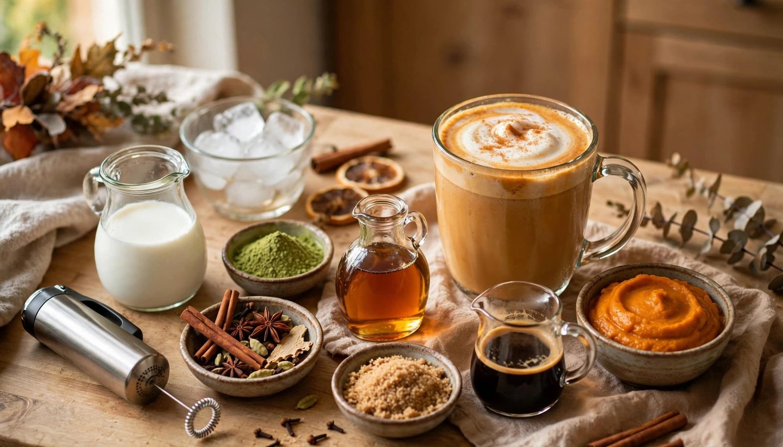 A pumpkin spice latte beside ingredients and a handheld frother on a kitchen counter.