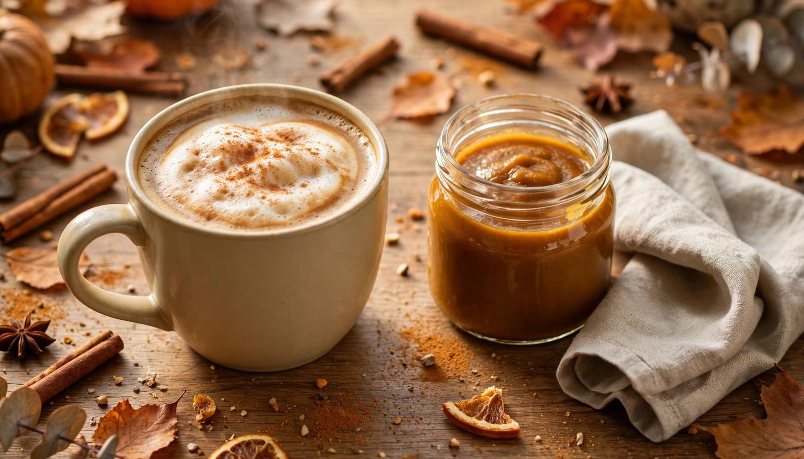 Pumpkin spice latte and coffee sauce on a cozy autumn breakfast table.