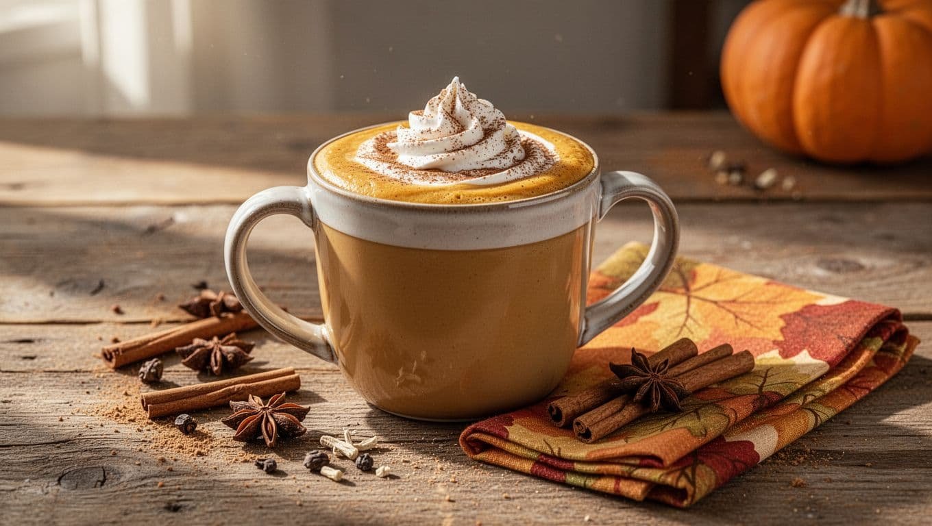 Pumpkin spice latte with whipped cream beside an autumn napkin and spices.