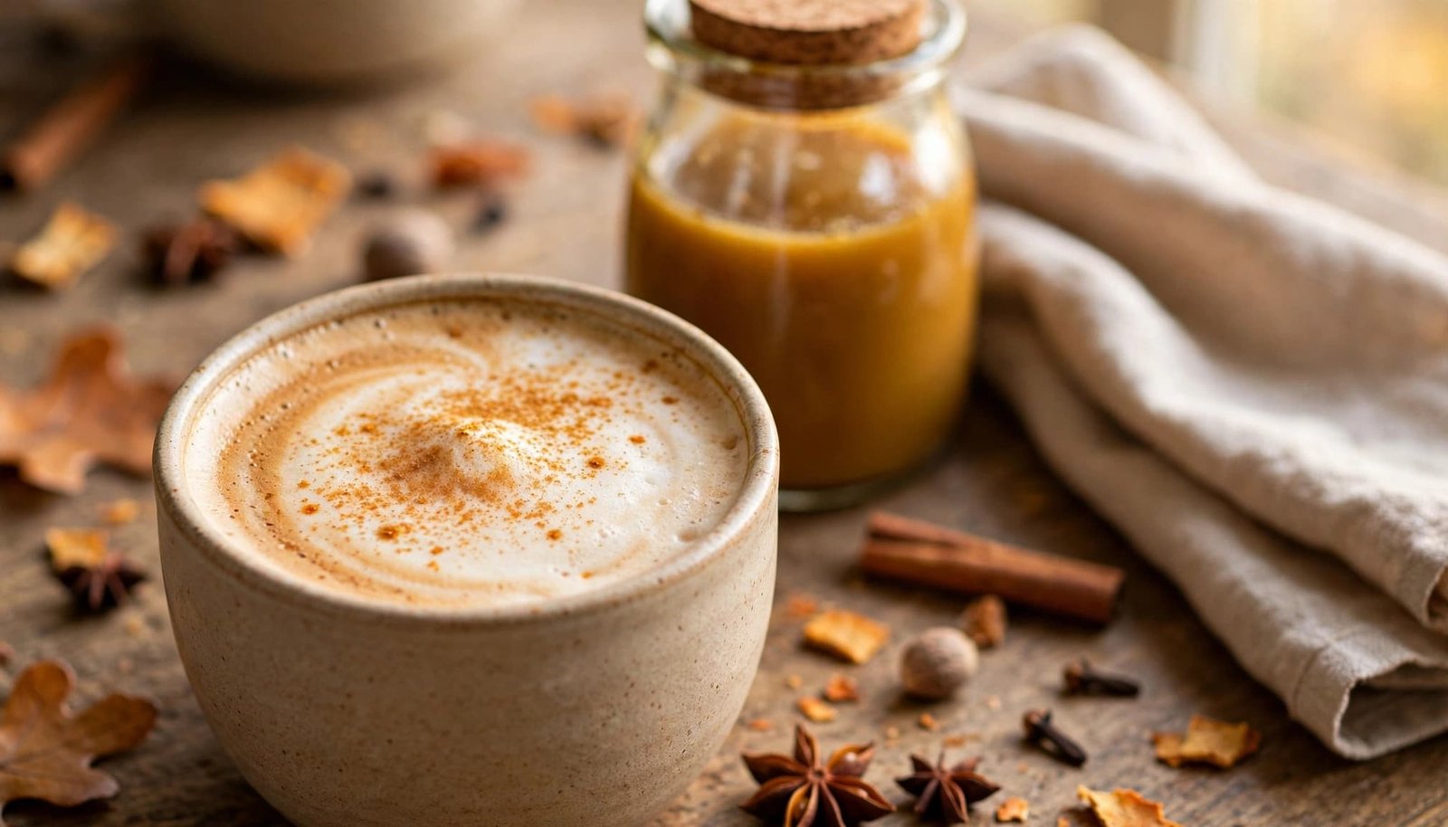 A spiced latte sits beside a small syrup jar on a cozy autumn table.