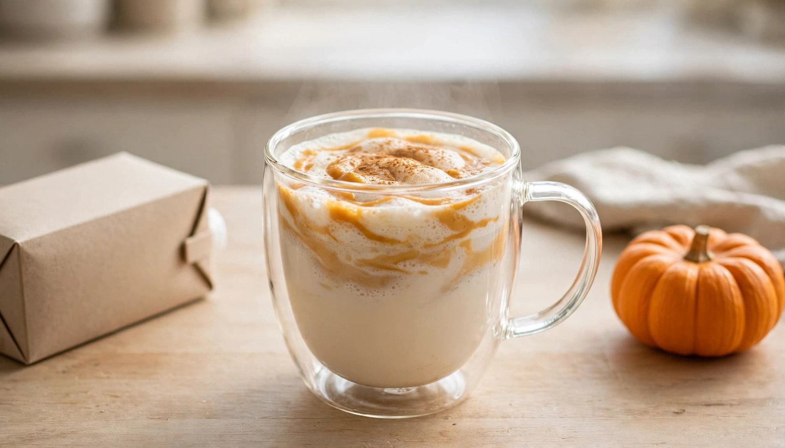 A glass mug of pumpkin milk with cinnamon sits beside an oat milk carton and small pumpkin.