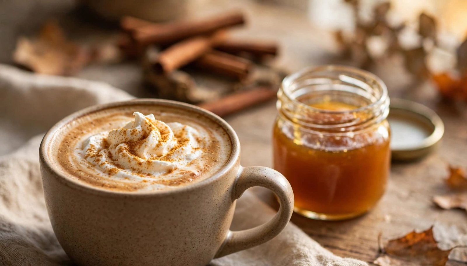 A pumpkin spice latte with whipped cream beside a small syrup jar.