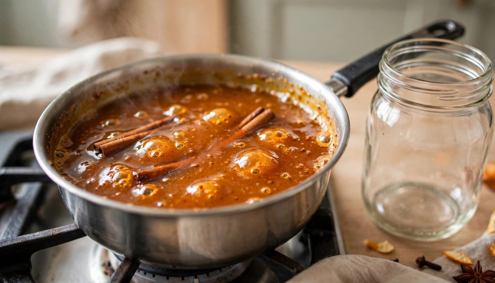 Amber pumpkin spice syrup simmering in a saucepan beside cinnamon sticks and a glass jar.