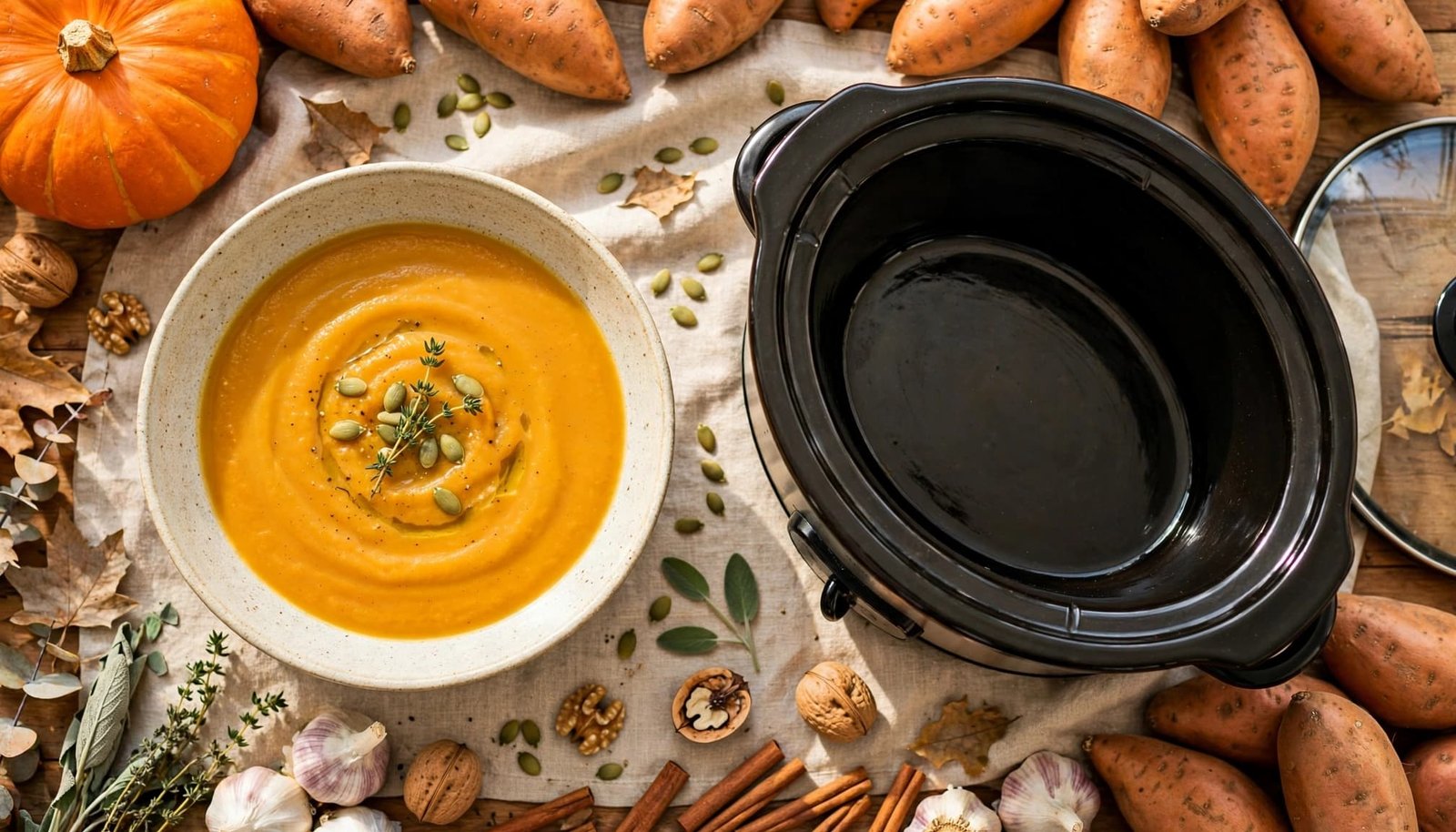 A bowl of pumpkin and sweet potato soup beside a slow cooker and autumn vegetables.