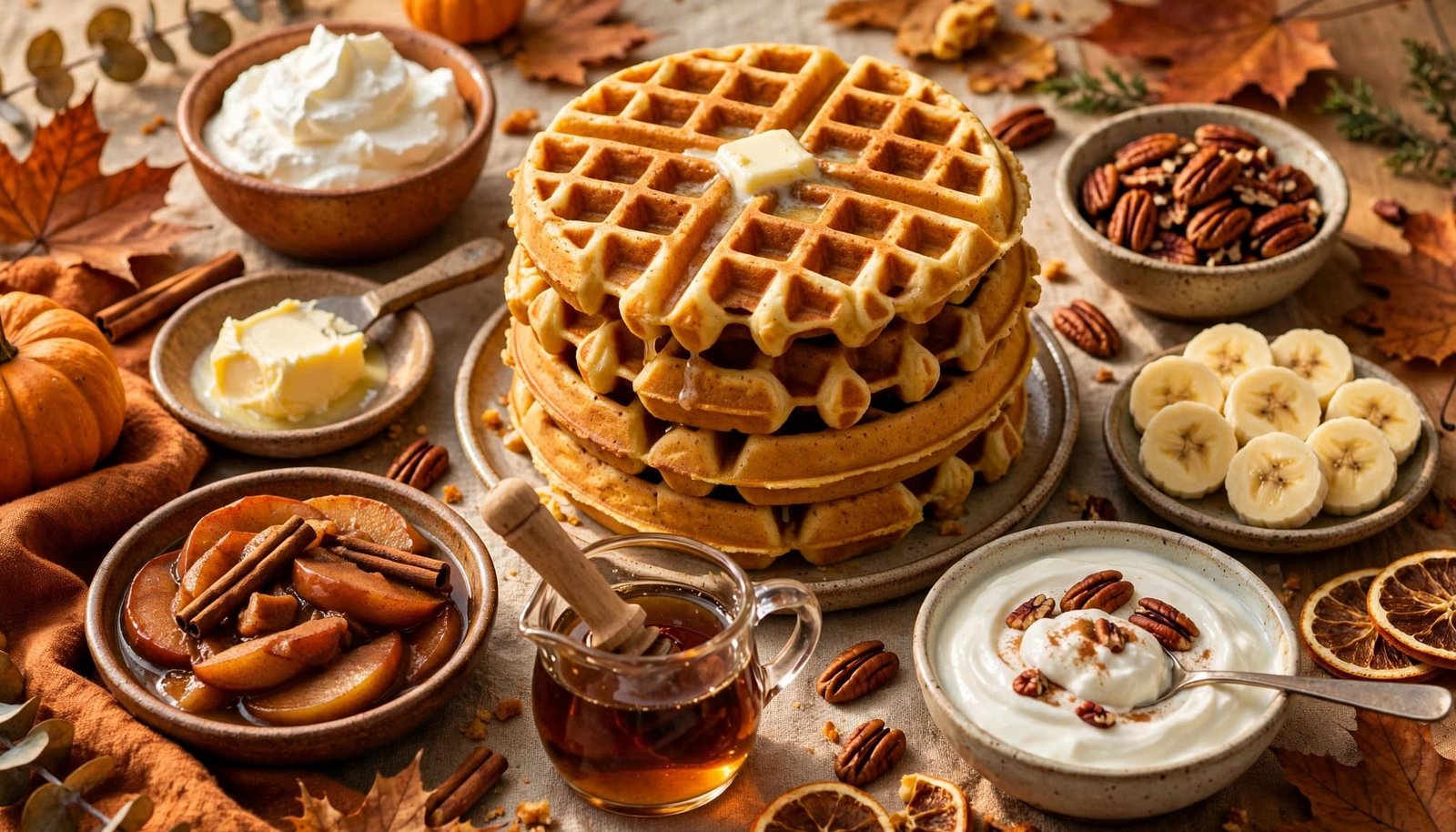 Pumpkin waffles surrounded by syrup, fruit, whipped cream, pecans, and yogurt.