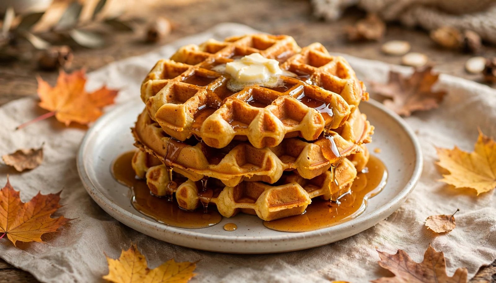 A stack of pumpkin waffles with butter and syrup on a plate.