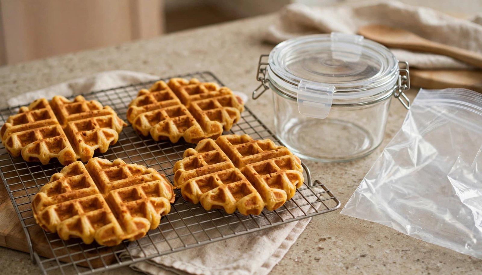Pumpkin waffles cool on a wire rack beside a storage container and freezer bag.