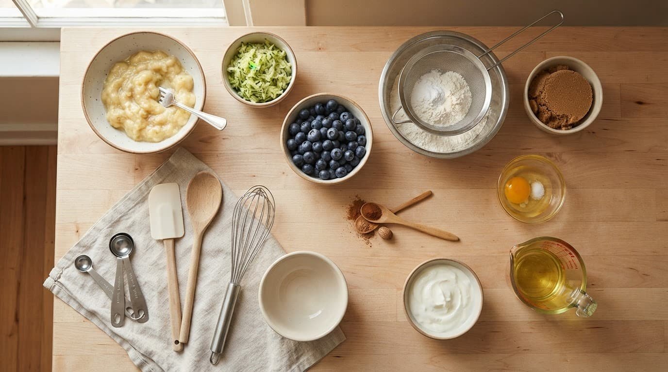 Measured ingredients and baking tools arranged on a light kitchen counter.