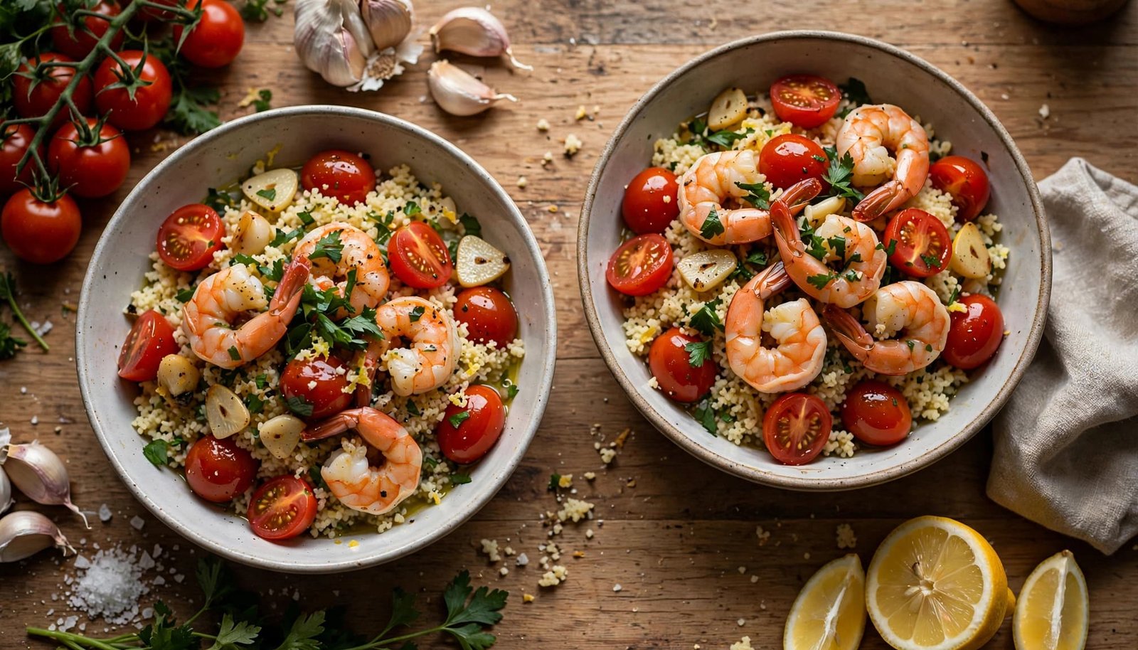 Two bowls of shrimp, tomatoes, garlic, and couscous on a kitchen table.