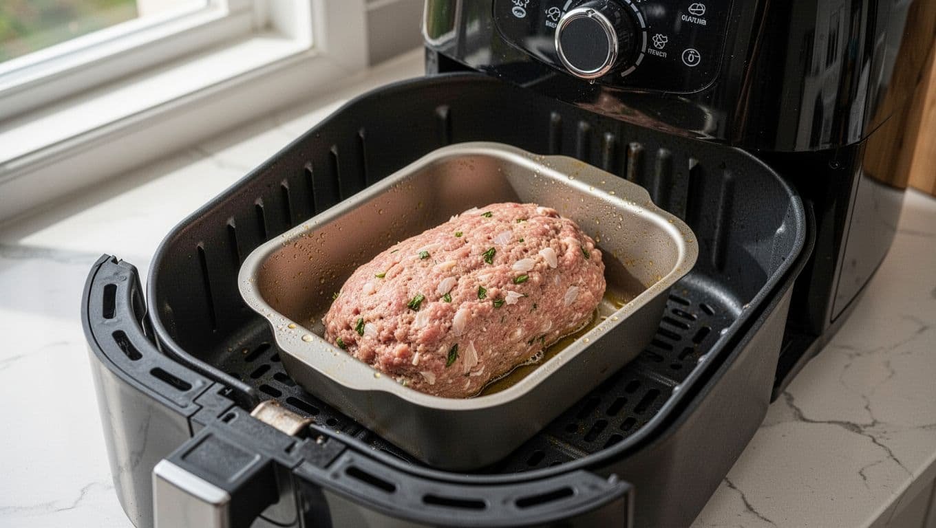 Raw chicken meatloaf in a greased loaf pan inside an open air fryer basket.