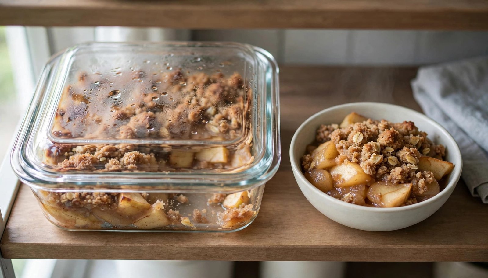Covered apple cobbler container beside a bowl of reheated dessert on a kitchen shelf.
