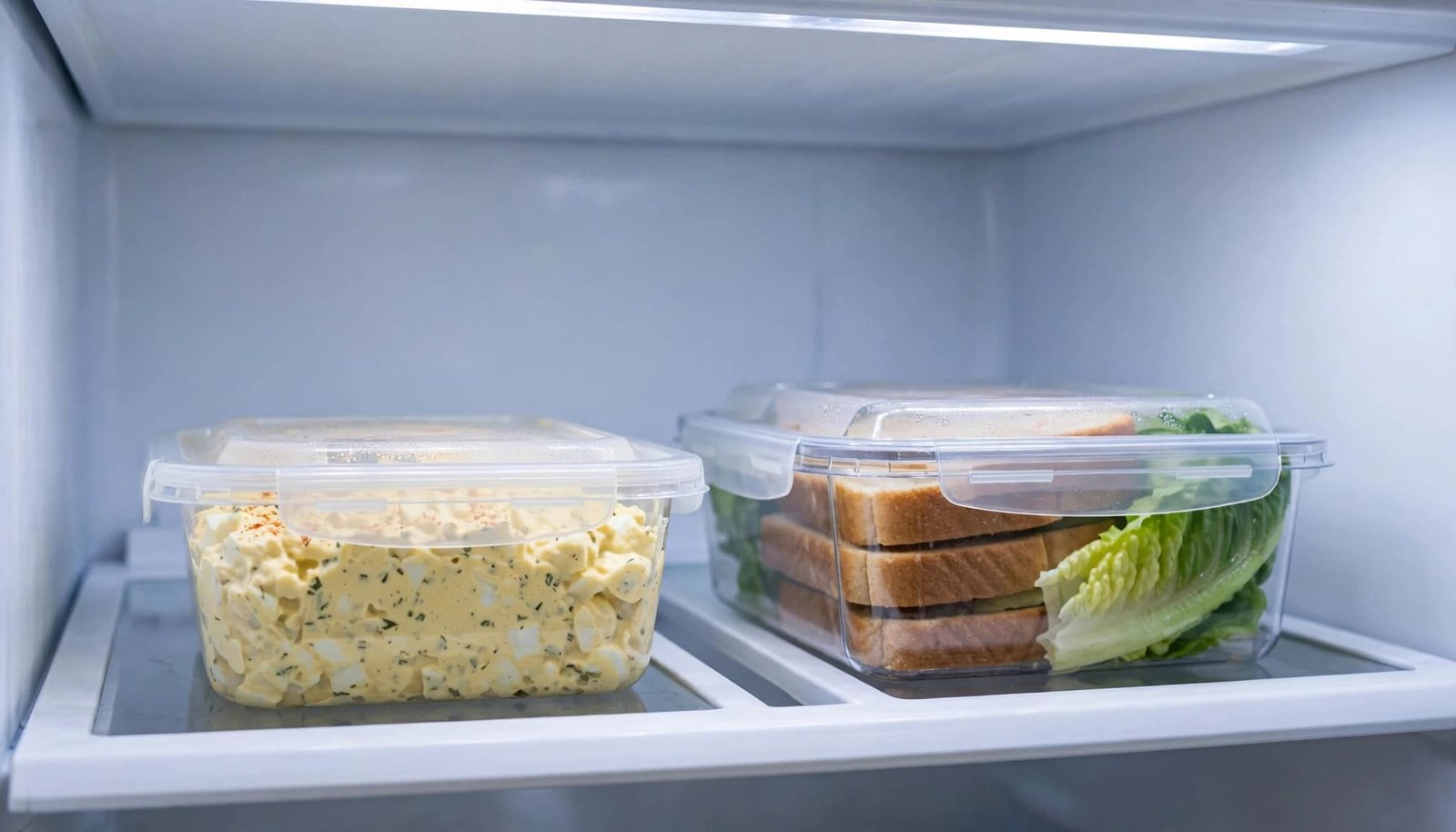 Covered egg salad and sealed bread and lettuce containers sit on a refrigerator shelf.