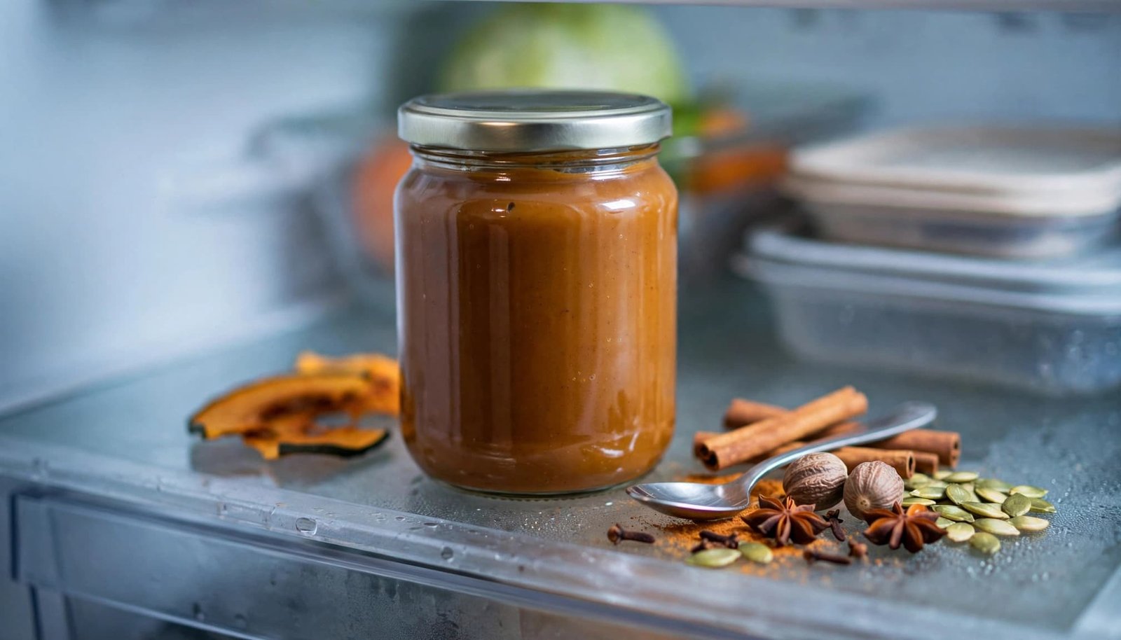 Sealed pumpkin coffee sauce jar stored on a refrigerator shelf with a spoon and spices.
