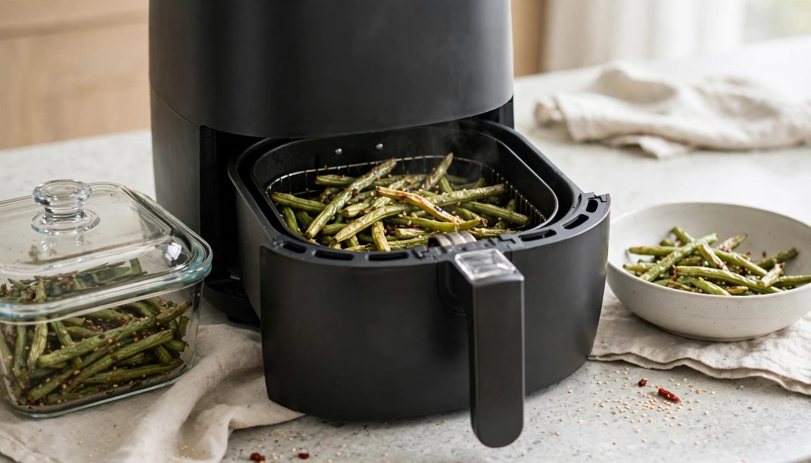 Leftover green beans reheat in an air fryer beside a covered glass container and bowl.