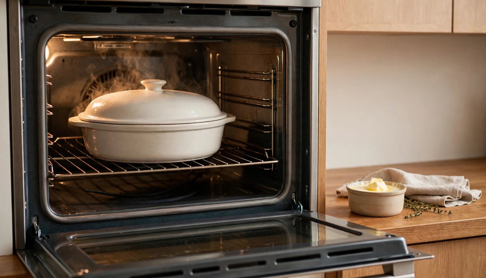 Covered mashed potatoes warm in an open oven beside cream and butter.