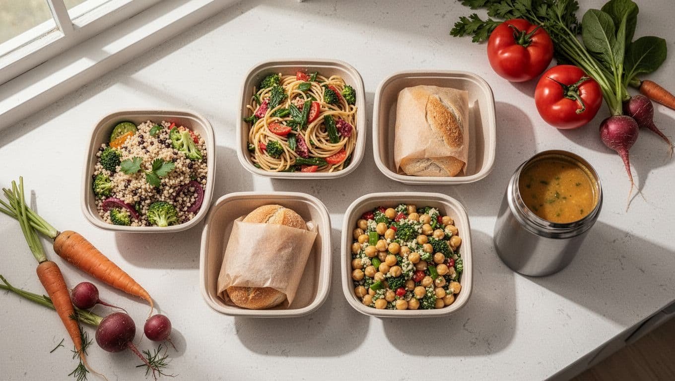 Five packed lunches in reusable containers sit on a bright kitchen counter.