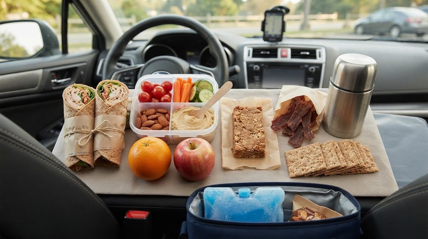 Packed road-trip lunch with snacks, fruit, a wrap, and thermos inside a car.