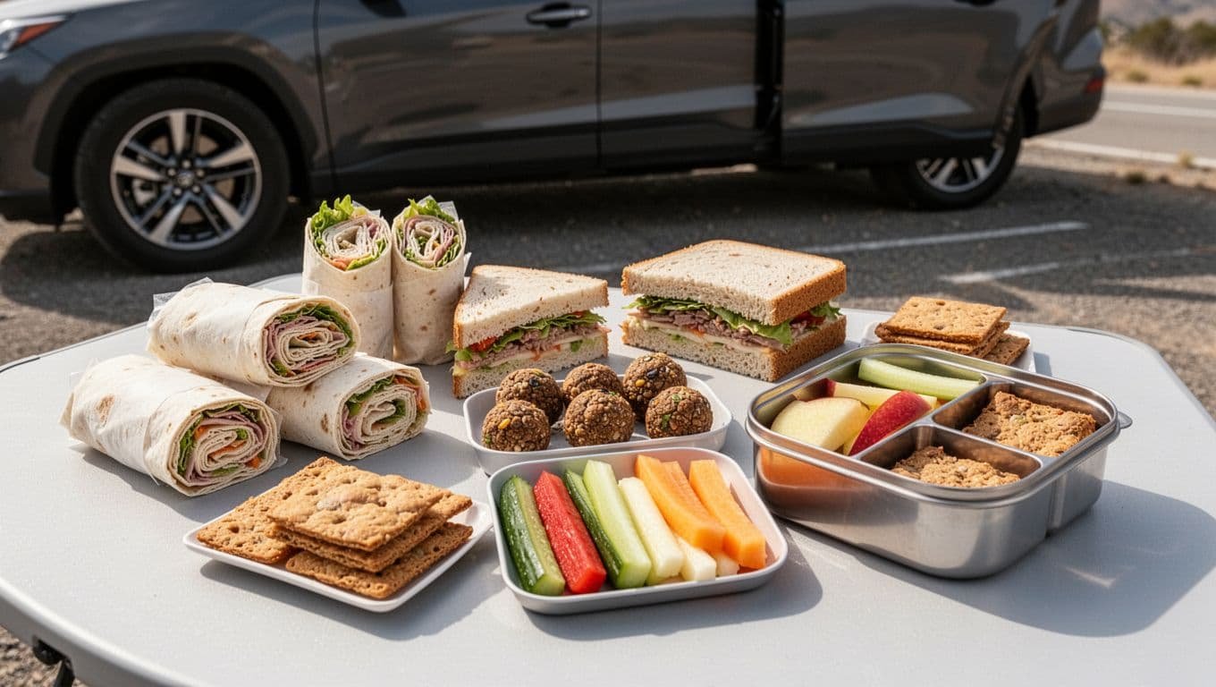 A tidy spread of sandwiches, snacks, fruit, vegetables, and a divided container beside a parked car.