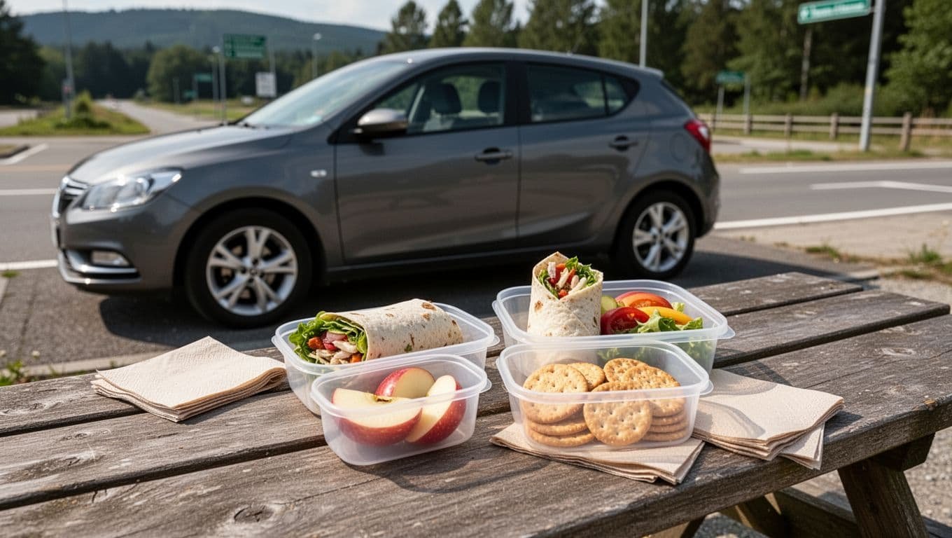 A parked car beside a picnic table with a neatly packed lunch.