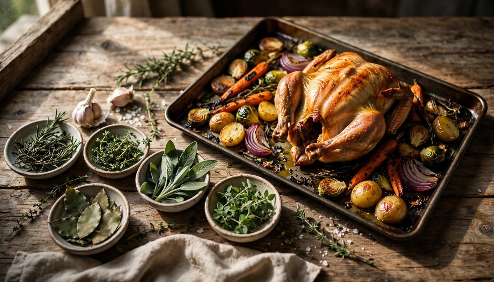 Roast chicken and vegetables with small dishes of fresh herbs on a wooden surface.