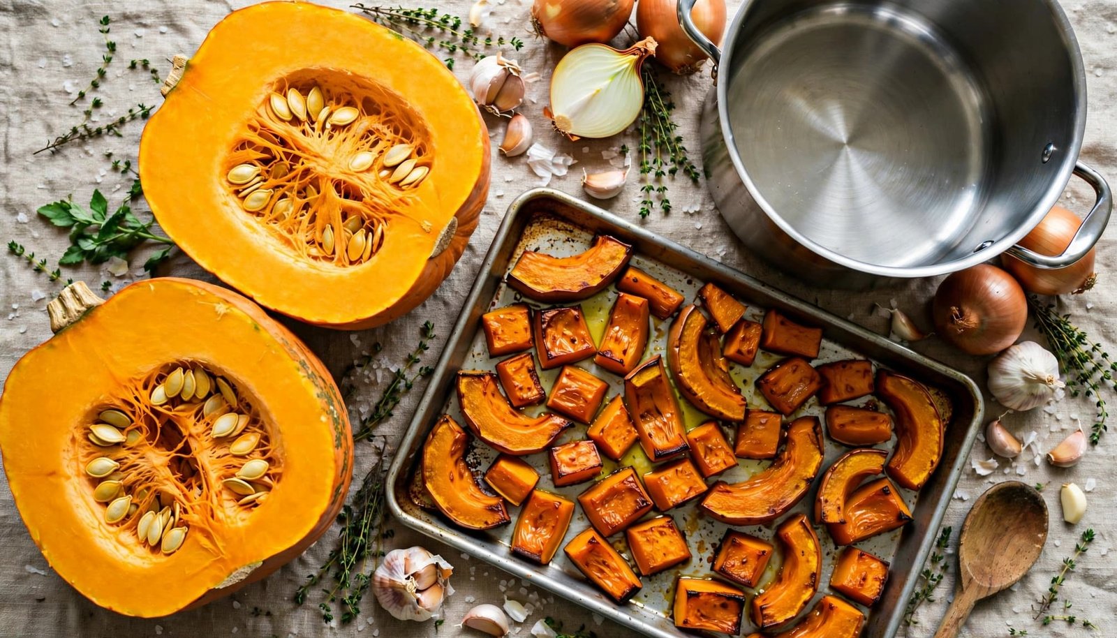Raw pumpkin halves and roasted flesh sit beside a stockpot with onion, garlic, and thyme.