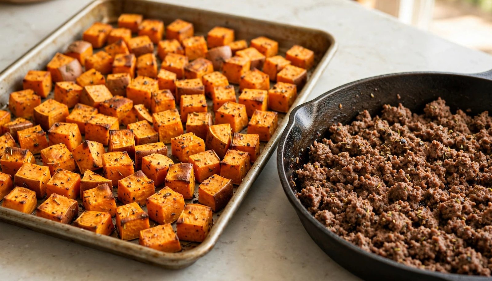 Roasted sweet potatoes on a sheet pan beside browned ground beef in a skillet.