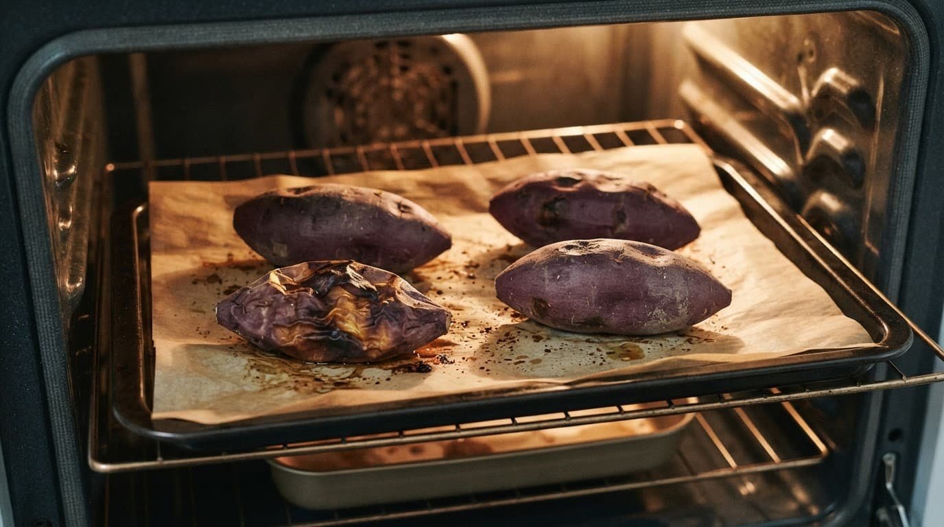 Four sweet potatoes roast on a parchment-lined pan inside an open oven.