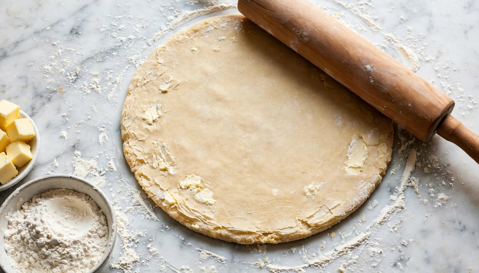 A round of pie dough rolled on a floured marble surface with butter and a rolling pin.