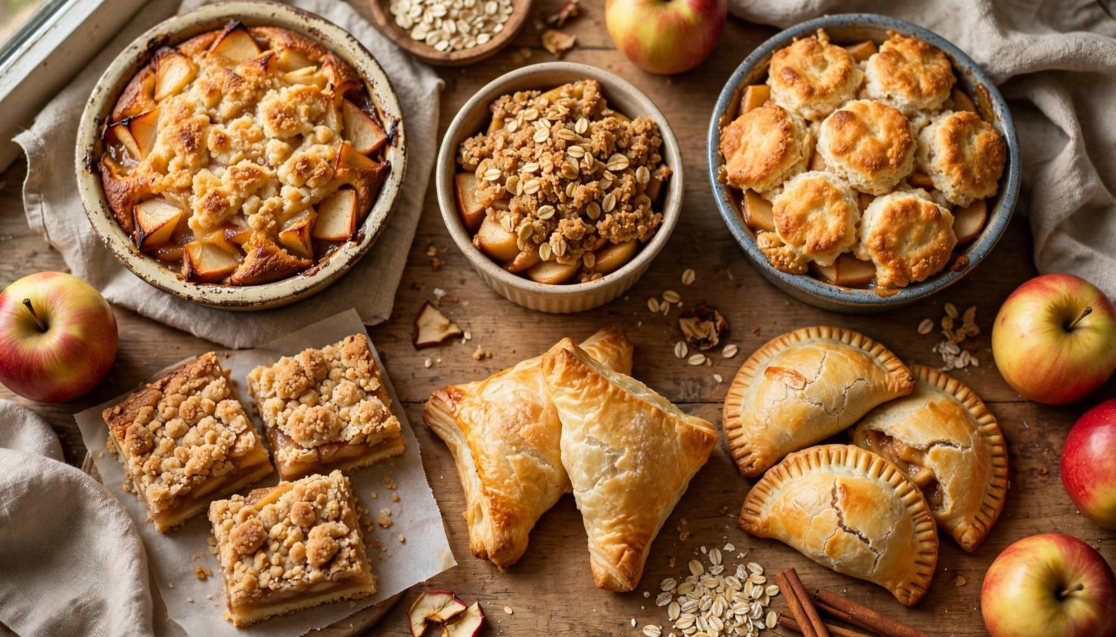 Six homemade apple desserts arranged on a warm kitchen table with fresh apples.