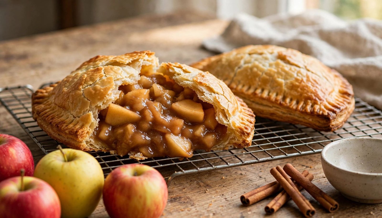 A split apple hand pie shows thick filling beside another pie and fresh apples.