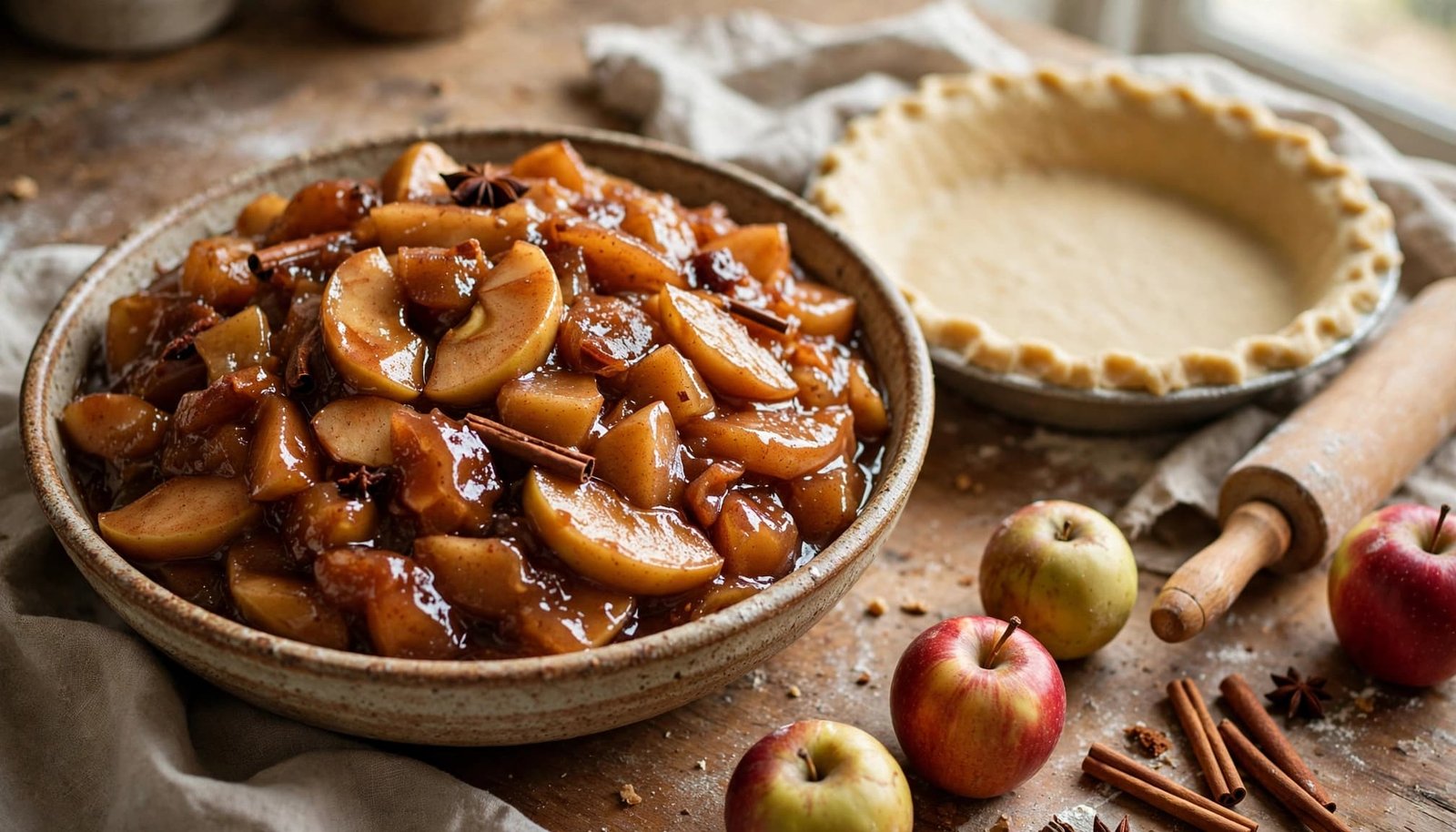 A bowl of spiced apple filling with apples, a rolling pin, and pie crust dish nearby.