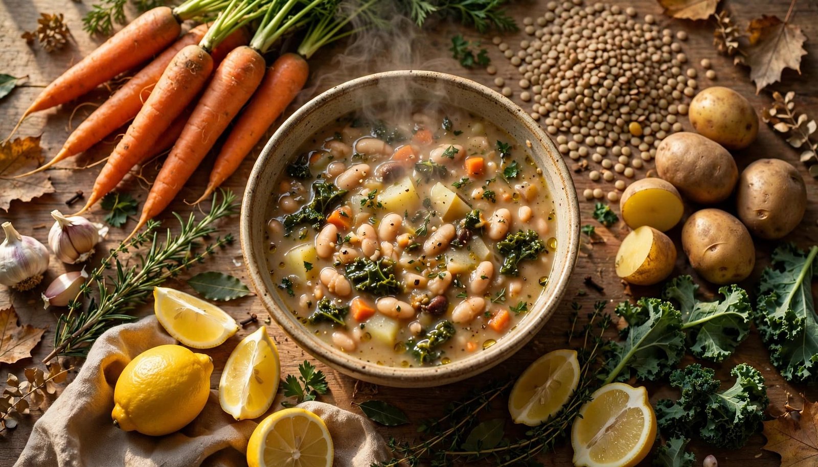 A steaming bowl of white bean soup surrounded by autumn vegetables and herbs.