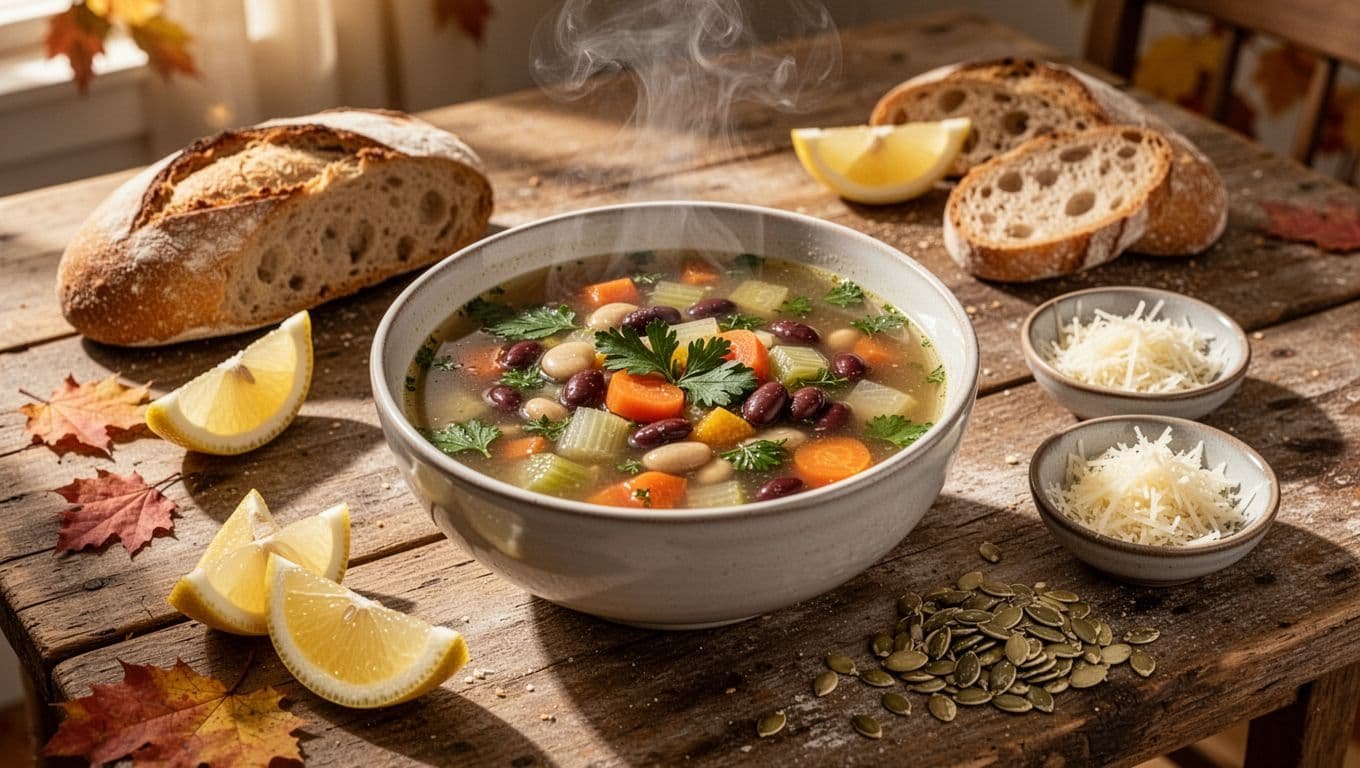 Steaming vegetable and bean soup with bread, lemon, Parmesan, and seeds on a rustic table.