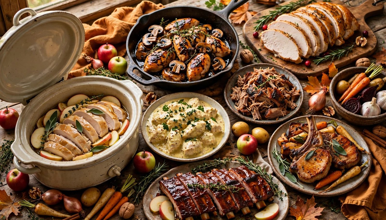 A table filled with slow-cooked chicken, pork, apples, herbs, and warm autumn sides.