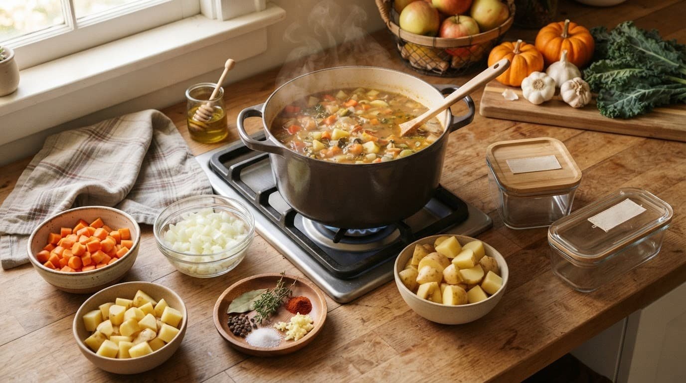 A soup pot surrounded by chopped vegetables, spices, fall produce, and a freezer container.