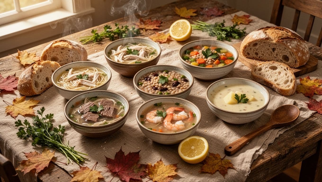 Five bowls of autumn soup sit with bread, herbs, lemon, and fall leaves on a wooden table.