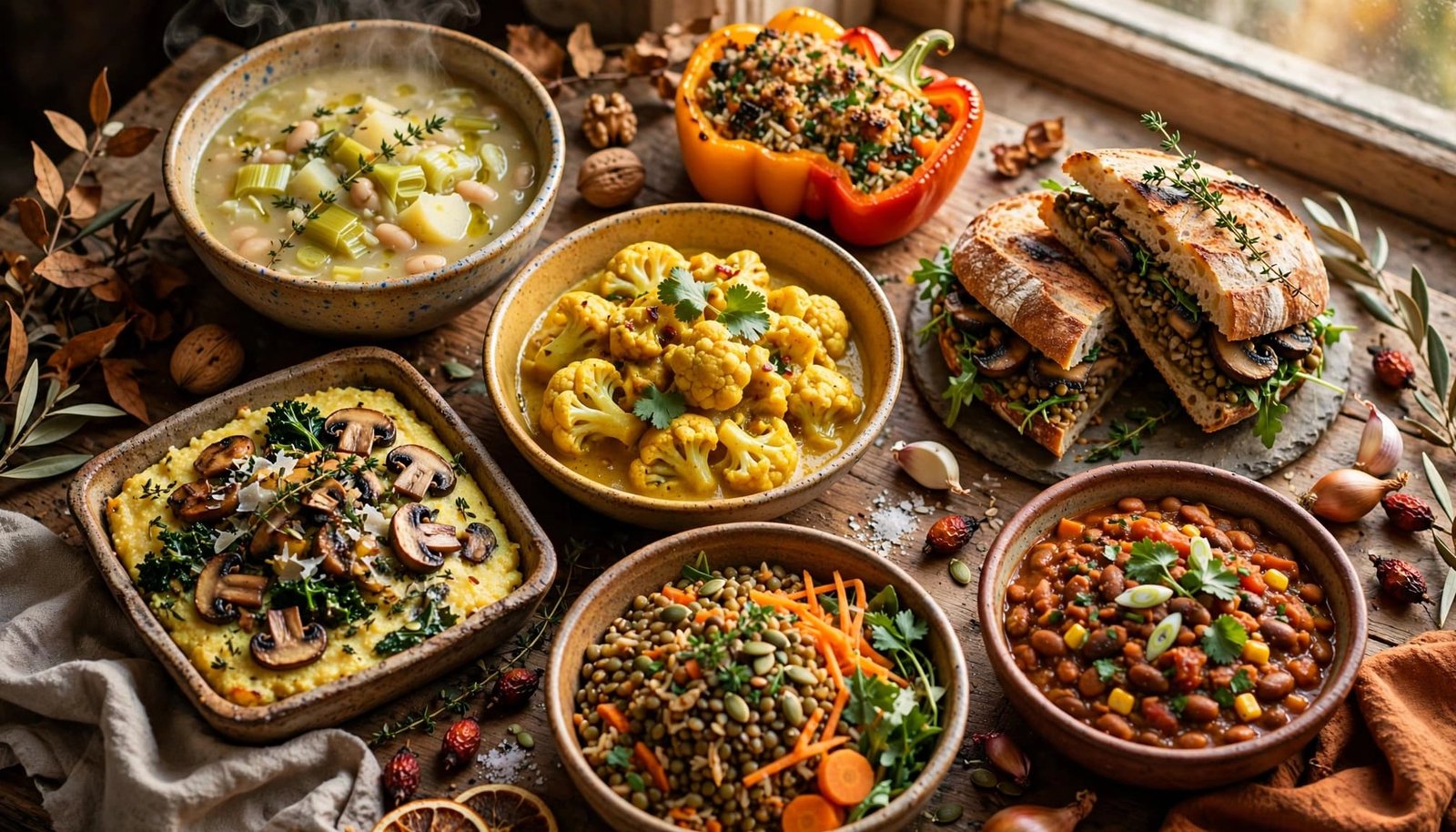 Seven colorful vegetarian dishes arranged on a rustic wooden table in warm autumn light.