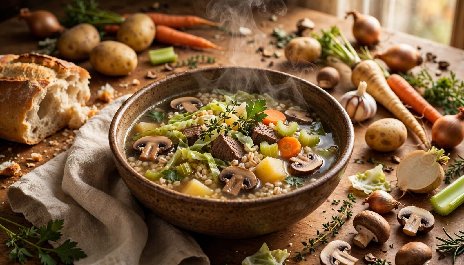 Steaming beef and mushroom soup with vegetables beside bread on an autumn kitchen table.