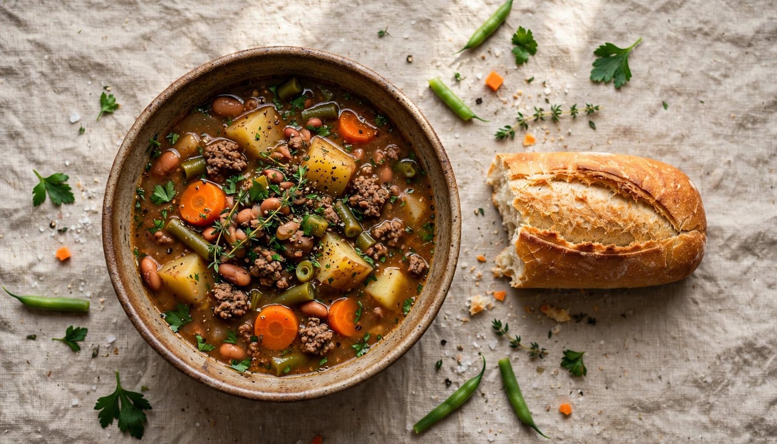 A bowl of beef soup with vegetables and herbs sits beside crusty bread.