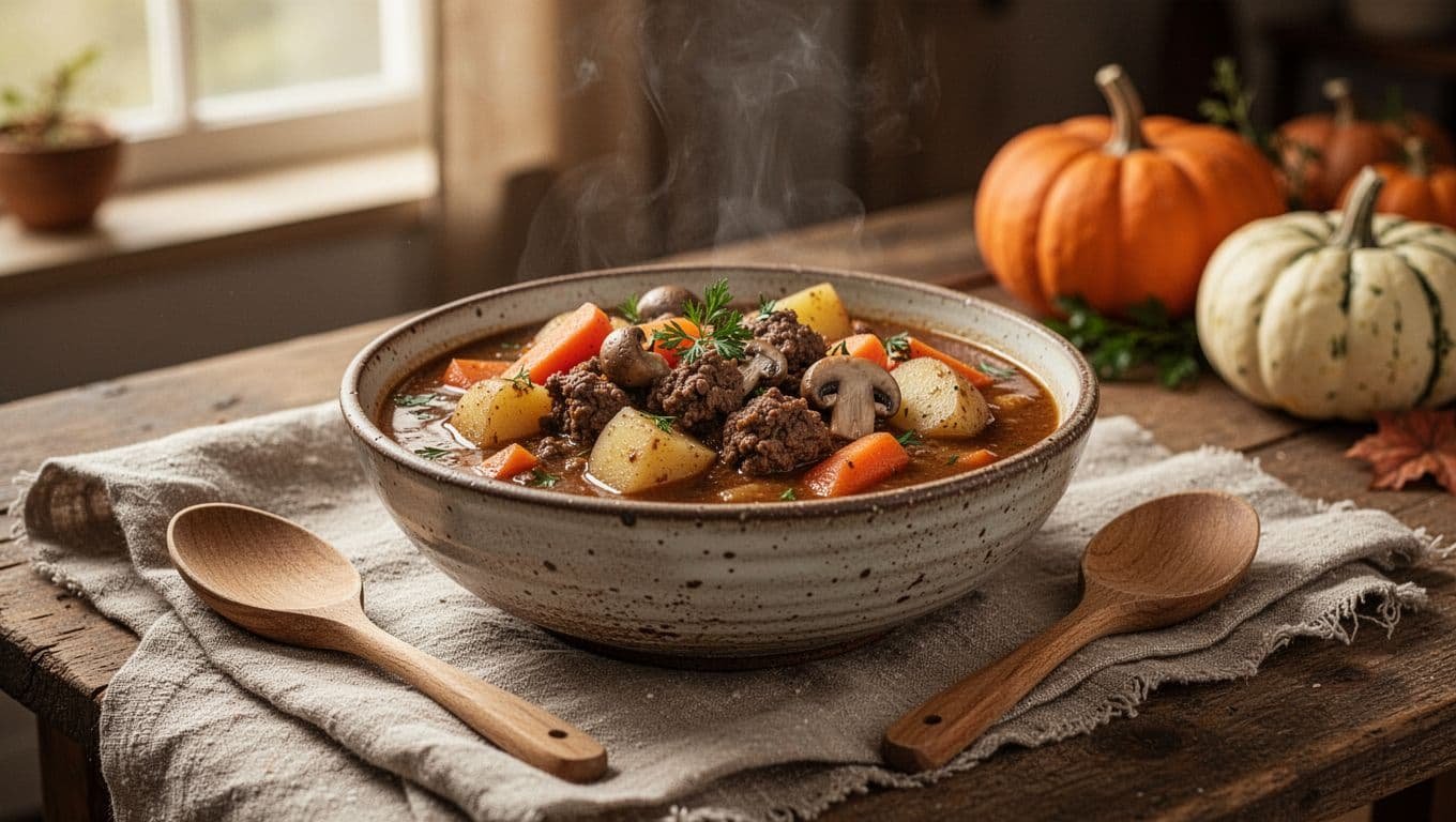 Rustic bowl of beef stew with vegetables, herbs, linen napkin, and wooden spoon.